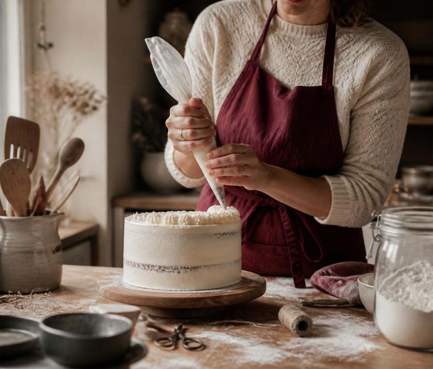Rosângela decorando um bolo