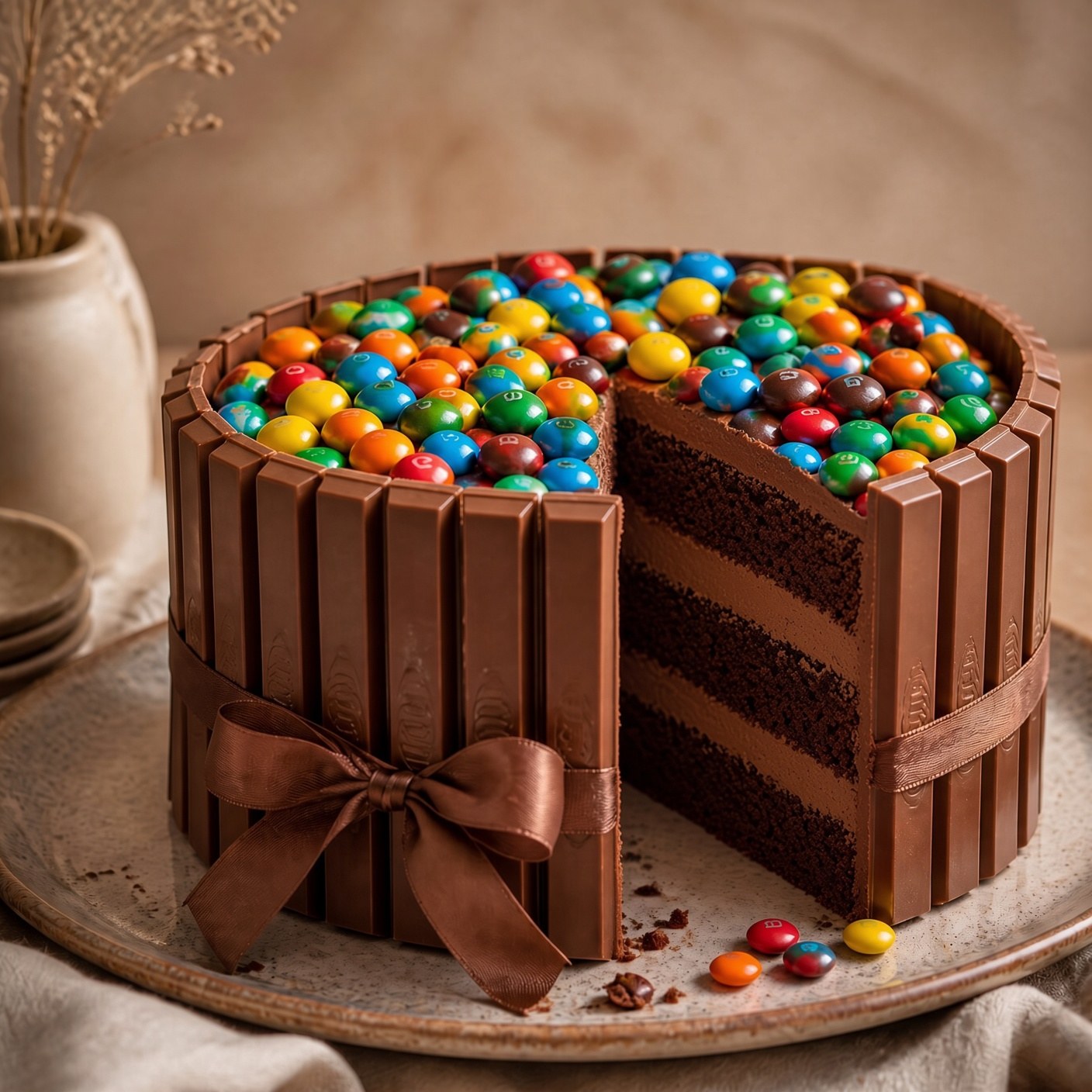 Bolo de chocolate com Kit-Kat e M&Ms